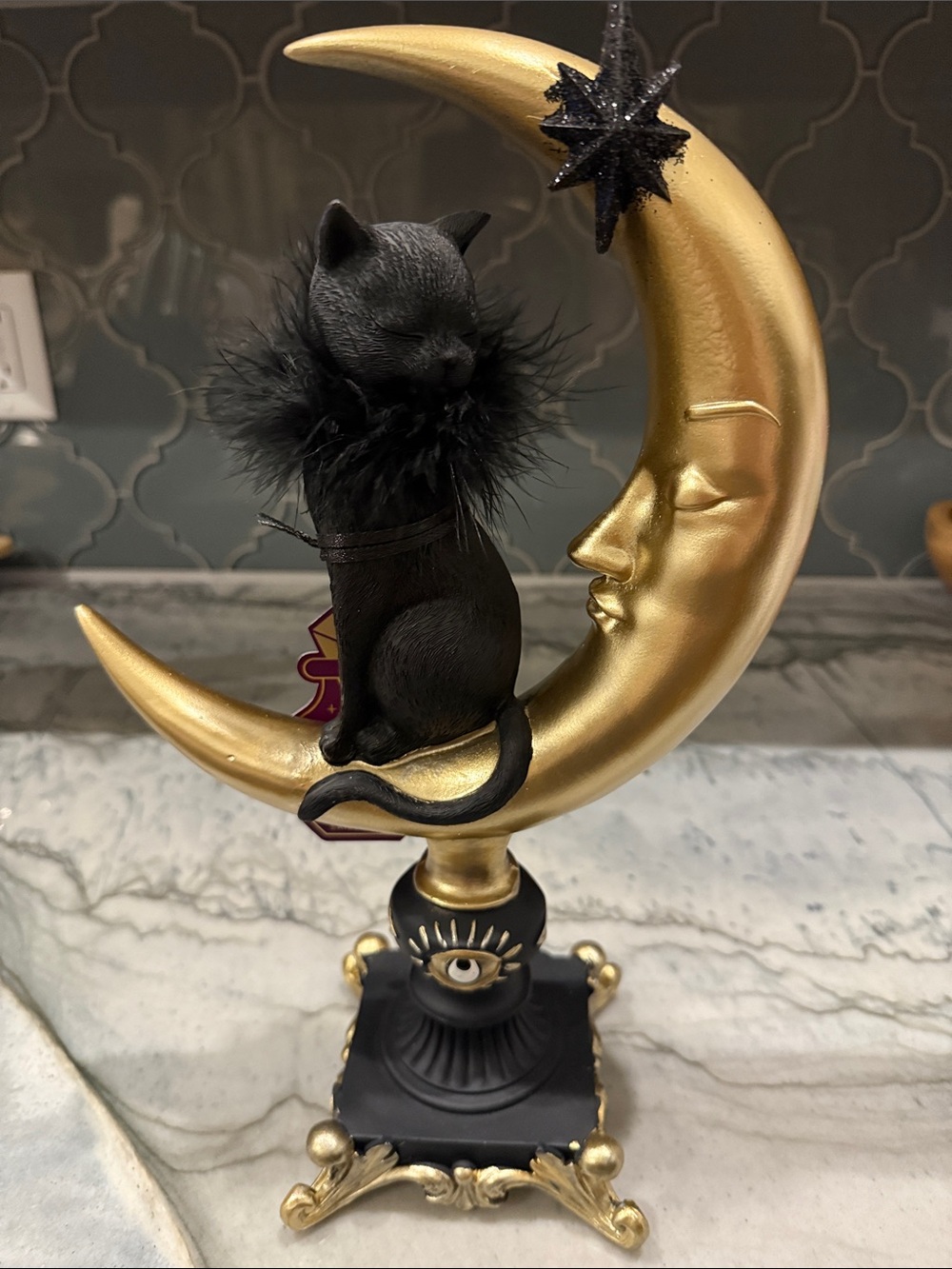 Gold Crescent Moon Figurine with Black Cat Accent Holiday Décor